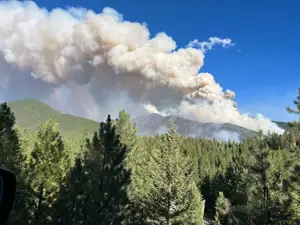 Smoke column rising above the forest during the 2023 Big Knife Fire
